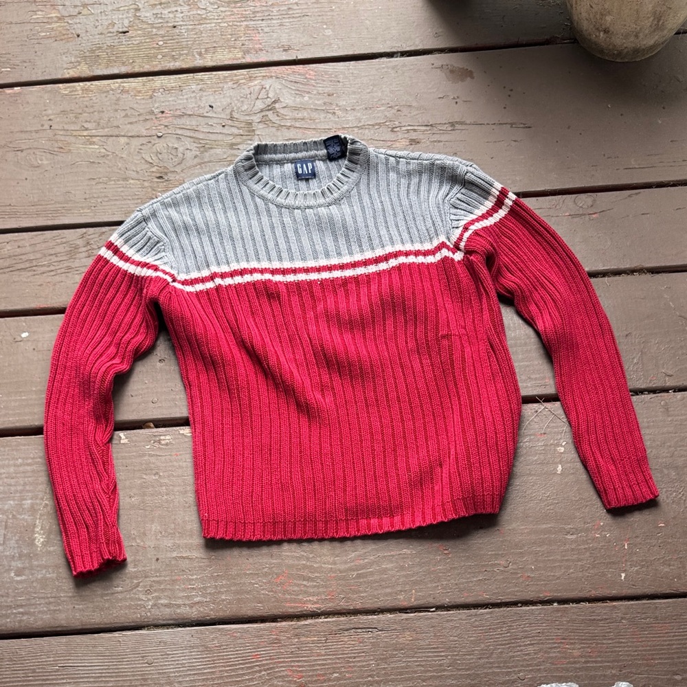 GAP Red and Gray Ribbed Knit Sweater